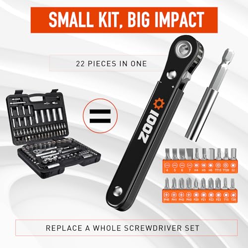 ZOOI 22 In 1 Ratchet Screwdriver Set, EDC Gear Tool Pocket Ratcheting Screwdriver, Valentines Day Gifts for Him Men Dad, 90 Degree Right Angle Screwdrivers, Tight Spaces Mini Ratchet Set - Thumbnail 4