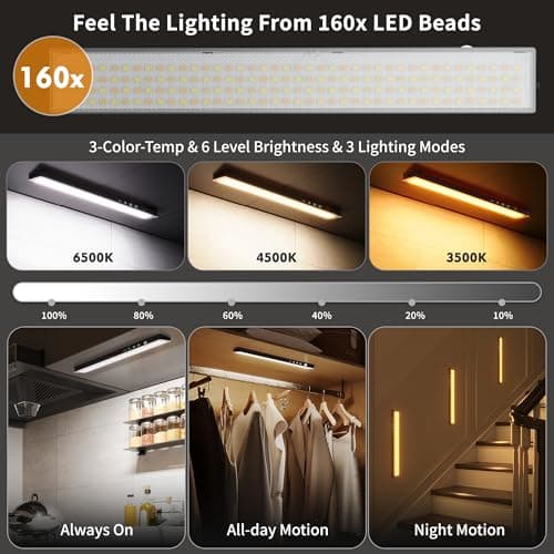 12inch 3Pack Touch Control Under Cabinet Lighting, 160LED Super Bright, 4000mAh Long-Lasting, Magnetic Rechargeable Motion Sensor Under Counter Lights for Kitchen, Closet, Remote, Dimmable, 3CCT丨Black - Thumbnail 2