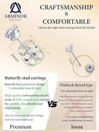 Arminor 7 Pairs 20G Stud Earrings for Women Men Hypoallergenic 316L Surgical Stainless Steel Earrings for Multiple Piercing | AAAAA+ Cubic Zirconia Earring Stacks with Butterfly & Silicone Backs - Thumbnail 3