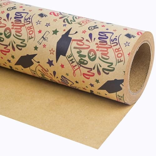 Dtiafu Graduation Wrapping Paper Roll - Colorful Congrats Grad Wording with Toga Caps and Stars Kraft Gift Wrap Paper Perfect for Graduates 2026 Graduation Party Seniors School EventsTotal 28.5 sq.ft - Image 1