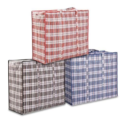 Winghin 3 Pack 137L Large Moving Bags with Zippers & Handles, Heavy-Duty Tote Storage Bags Closet Organizers Laundry Bag, Dorm Room Essentials College Bags, 27.5" x 11.8" x 25.6", Red/Black/Blue