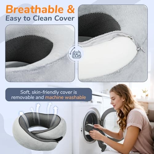 SYNNA Travel Neck Pillow for Airplane & Car, 360° Head and Chin Support, Ergonomic Memory Foam with Silky-Smooth Breathable Washable Cover for Flights, Road Trips & Office Naps - Thumbnail 4