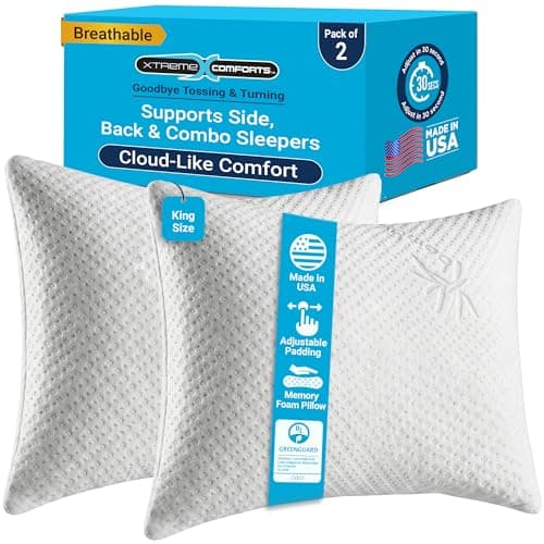 Xtreme Comforts Memory Foam Pillows |GREENGUARD Certified Adjustable Shredded Foam Fill for Personalized Support |King Bed Pillows for Side,Back & Stomach Sleepers |Removable Cover |Pillows King Size