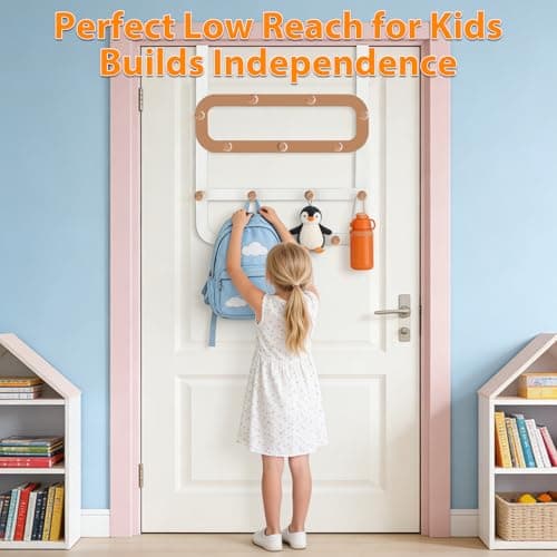 Dycoony Over The Door Hooks for Kids Backpacks - 21.5" Extra Long Door Hanger Low Reach, 14 Wooden Ball Coat Rack for Nursery Bedroom Bathroom, White & Orange Purse Bag Towel Holder Organizer - Thumbnail 3