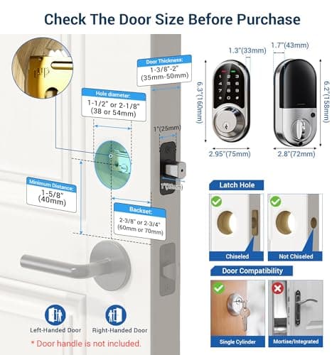 Veise RZ06 Smart Lock for Front Door with App Control, Keyless Entry, Electronic Digital Deadbolt with Touchscreen Keypad Set, Smart Deadbolt, Auto Lock, Easy Installation, Satin Nickel - Thumbnail 6