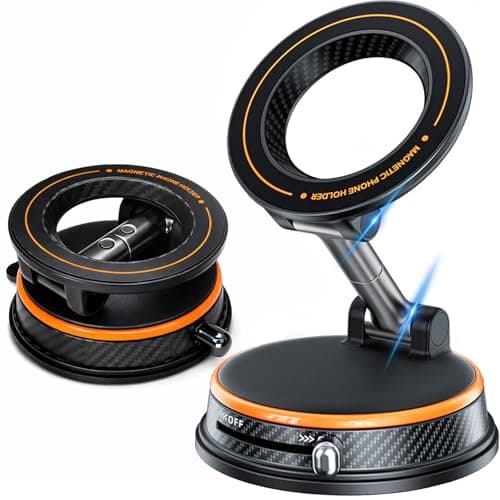 Fclvd Magnetic Car Phone Holder, 360°Adjustable Vacuum Dashboard and Windshield Mount Magsafe Cell Phone Holders for Your Car, Carbon Fiber 108+LBS Nano Gel Suction Cup, iPhone, Samsung (Orange)