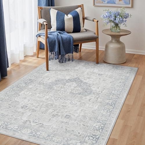 PureCozy Blue 4x6 Vintage Washable Thin Area Rug Traditional Distressed Indoor Non Slip Soft Low Pile Carpet, Easy Care for High Traffic Soft Rugs in Bedroom Office Coffee Table Dining Room - Thumbnail 3