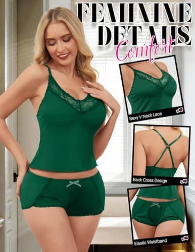 Tidouk Lingerie Sets for Women Sexy Lace Pajamas 2 Piece Elastic Waist Cami Shorts PJ Set(Green,Large) - Thumbnail 3