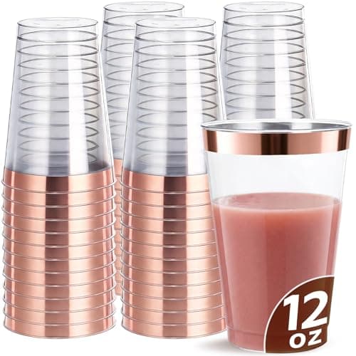 200 Pack 12oz Plastic Cups with Rose Gold Rimmed - Sturdy & Food Safe Plastic Wine Glasses Wedding Cups Party Cups Clear Cups Plastic Cocktail Glasses for Wine, Juice, Cocktails and Cold Beverages - Image 1