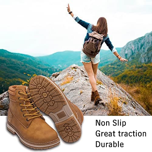 Athlefit Women's Work Waterproof Hiking Combat Boots Lace up Low Heel Booties Ankle Boots Size 11 Camel - Thumbnail 2