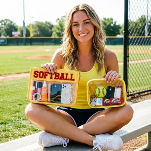 4EVERHOPE 2 Pcs Softball Gifts Cosmetic Bags, Makeup Bag With Chenille Letters, PVC Travel Toiletry Organizer for Stadium, Sports Events, Team Gifts (Softball-Yellow) - Thumbnail 2