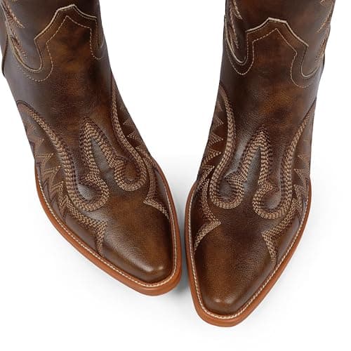 Easyfox Cowboy Boots for Women Knee High Brown Cowgirl Boots Square Toe Low Chunky Heel Embroidery Tall Western Boots for Women Size 7 - Thumbnail 6