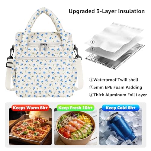 Women's Insulated Lunch Tote Bag - Inch Quilted Lunch Box for Women, Large Waterproof Cooler Bag with Pockets for Work, Picnic, Adult (blue flower) - Thumbnail 3