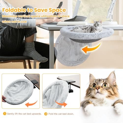 Pawaboo Cat Desk Bed, Sunken Cats Hammock with Steel Clamp Hold up to 40lbs, One-click Foldable Cat Side Table Beds with Soft Plush, Reversible & Washable Hanging Cats Bed for Game Office Home Desktop - Thumbnail 4