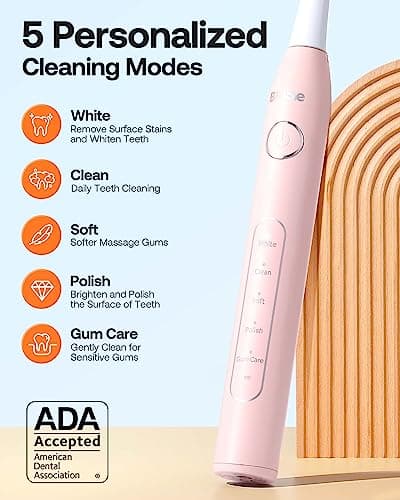 Bitvae Ultrasonic Electric Toothbrush - Rechargeable Sonic Electric Toothbrush for Adults and Kids, Power Toothbrush with Holder, 8 Brush Heads, Smart Timer, Fast Charge, Pink D2 - Thumbnail 5