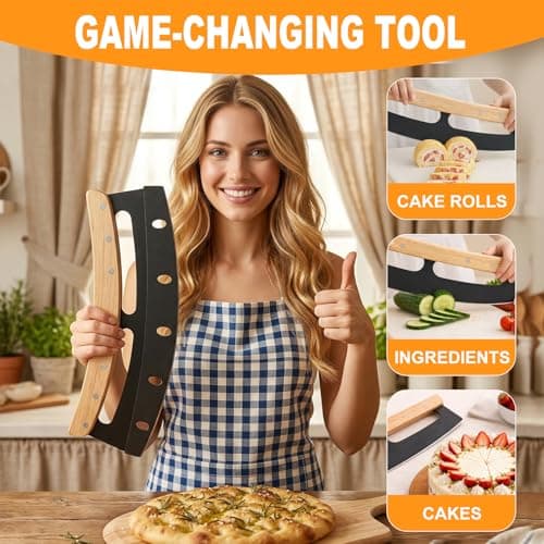 Pizza Cutter Rocker Blade 14 Inch - Razor Sharp Stainless Steel Slicer Knife Slice Pizza with Ease, Stylish Rubbre Wood Handle,With Protective Cover - Professional Pizza Oven Accessories。 - Thumbnail 6