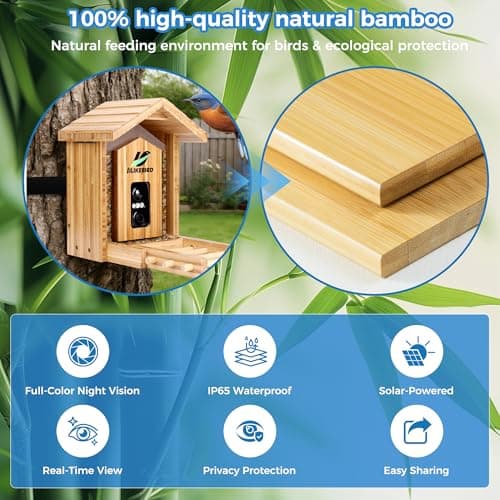 Bamboo Smart Bird Feeder with 4K Camera, AI Bird Identification 10000+ Species, Solar Powered & USB-C Charging, IP65 Weatherproof, 1.25L Speed Capacity for Outdoor Garden (Wall Mount/Pole) (Large) - Thumbnail 6