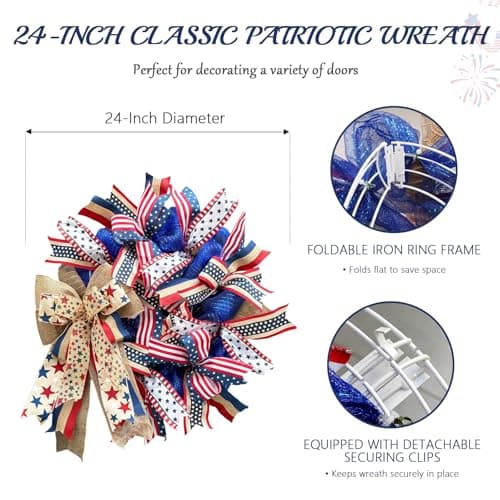Presentastic 250th Anniversary Patriotic Wreath for Front Door, 24 Inch Large 4th of July Decorations, Handcrafted Ribbon Burlap Bow, Red White and Blue Memorial Day Wreath with Lights & Storage Bag - Thumbnail 6