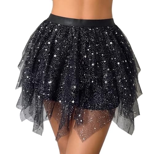 Avidlove Tulle Mini Skirt for Women Short Fairy Skirt Tutu A-Line Mesh Layered Summer Skirts Black Sequin X-Large - Image 1