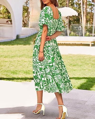 BTFBM Women's Clothing Spring Summer Dresses 2026 Beach Vacation Short Sleeve Smocked Back Boho Casual Floral Maxi Dress(Print Grass Green, Small) - Thumbnail 4