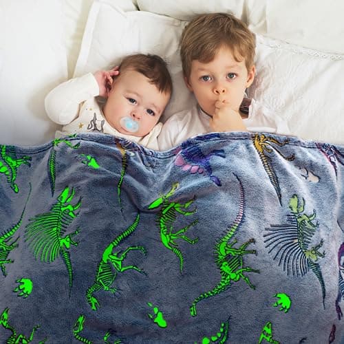 Gdindff Glow in The Dark Dinosaur Blanket for Boys, Dinosaur Toys for 3 4 5 6 7 Year Old Boys, Easter Basket Stuffers for Kids Toddlers, Cute Dino Gifts Room Decor, Soft Fleece Throw Blanket 50"x60" - Thumbnail 2