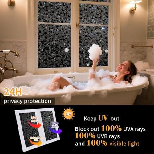 JAYONG Total Blackout Window Privacy Film with Free Tools, 100% Anti-UV Window Film for Glass Static Cling Heat Control Rainbow Opaque Window Tint for Home Bathroom 3D Pebble 29.5 x 78.7 Inch, Black - Thumbnail 2