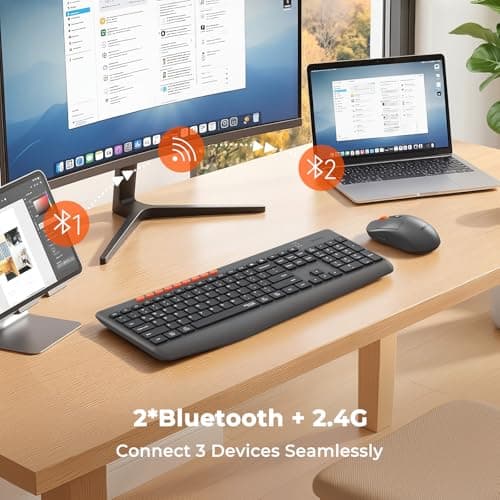 MEETION Wireless Keyboard and Mouse, Silent Full Size Multi-Device Bluetooth Keyboard and Mouse, 9 Multimedia Hotkeys, 3200 DPI Optical Mouse, 90% Less Noise, for Windows Mac PC Desktop Laptop, Black - Thumbnail 2
