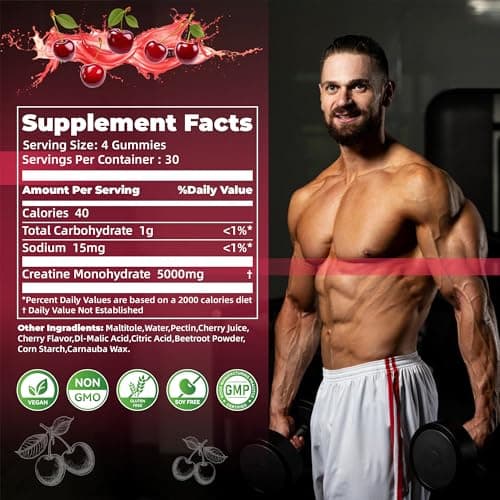 Nutravita NSF Certified Creatine Gummy - Creatine Monohydrate Gummies for Men & Women-5g of Creatine Monohydrate per Serving - Sugar Free,Vegan, Cherry Flavor, 120 Count - Thumbnail 3