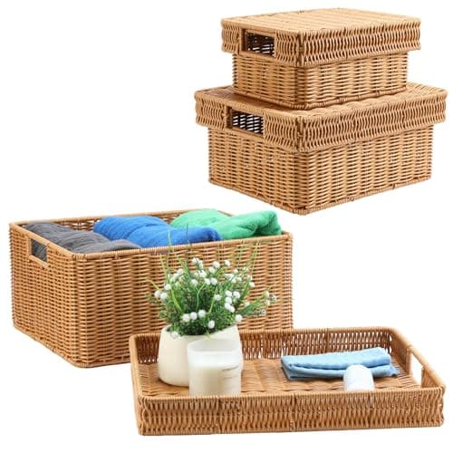 GANLUX Wicker Storage Basket with Lid - Woven Storage Basket for Organizing,Rectangular Decorative Boxes Bins with Lids for Shelves,living room, Nursery, 3-Piece Set(Light Brown)