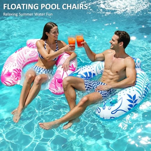 2 Pack Pool Floats Adult, Inflatable Pool Float Chair with Cup Holders, Floating Pool Chairs Lounge Floaties for Adults Swimming Party Lake River Beach Summer Water Fun - Thumbnail 5