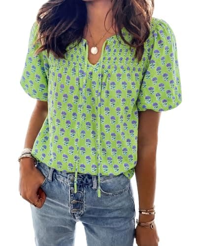 KIRUNDO Boho Tops for Women Summer 2026 Dressy Floral Blouse V Neck Drawstring Short Sleeve Shirts Beach Vacation Clothes(Green, Large) - Image 1