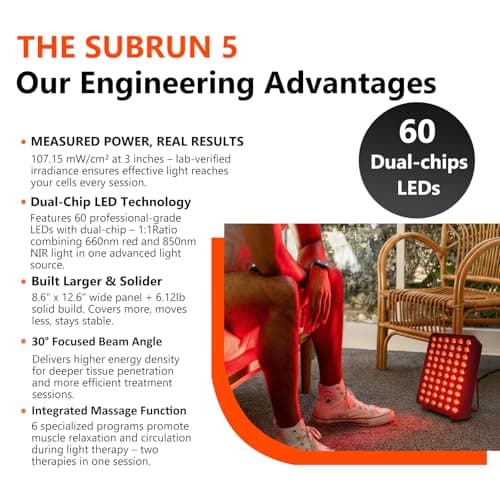 SUBRUN Red Light Therapy for Body and Face, Red Light Therapy Panel Dual Chip LED with 660nm 850nm Near-Infrared, High Power Full Body for Muscle Recovery, Joint Pain Relief, Skin Rejuvenation at Home - Thumbnail 6