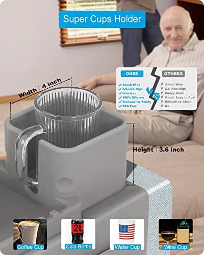 Silicone Couch Cup Holder, VIENFUT Anti-Spill and Anti-Slip Sofa Armrest Tray, Dirt-Resistant Silicone Couch Arm Tray for Remote, Snacks, Cellphone and iPad, Gift for Family, Friend (Gray) - Thumbnail 2