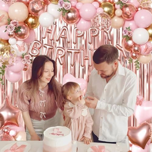 Rose Gold Birthday Decorations, Gold Pink Peach White Balloons Confetti Foil Balloons Happy Birthday Banner Butterfly Fringe Curtains birthday Decorations for Women Teens Girls - Thumbnail 4