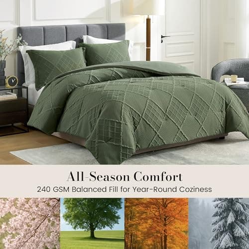 Amélie Home Queen Comforter Set, 3 Piece Green Jacquard Bedding Set with 2 Pillow Cases, Soft Microfiber Diamond Design, Lightweight All-Season for Bedroom & Dorm - Thumbnail 3