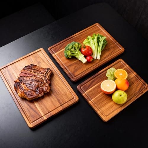 3 Pack Solid Acacia Wood Cutting Boards Set, Hardwood Chopping Boards for Kitchen, Reversible Multipurpose Board, Decorative Charcuterie Board, Bread Cheese Serving Tray - Thumbnail 5