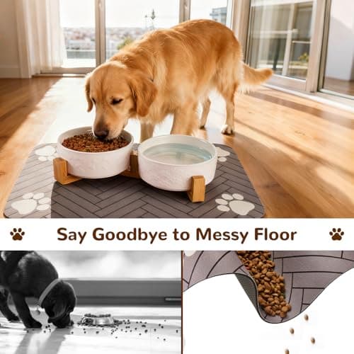 XIHAN Dog Bowls Set with Wood Stand & Mat Waterproof, 3.5 Cups Ceramic Dog Bowls Elevated for Medium Dogs, Dual Food and Water Bowls with Weighted Non-Slip Base 28.7 OZ - Thumbnail 3