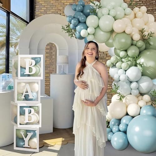 Dusty Blue Sage Green Balloon Baby Shower Decorations, 132Pcs Fog Blue Light Blue Green Sand White Balloon Arch Garland Kit Baby Box with Letters for Boho Baby Shower Gender Reveal Party Decorations - Thumbnail 3