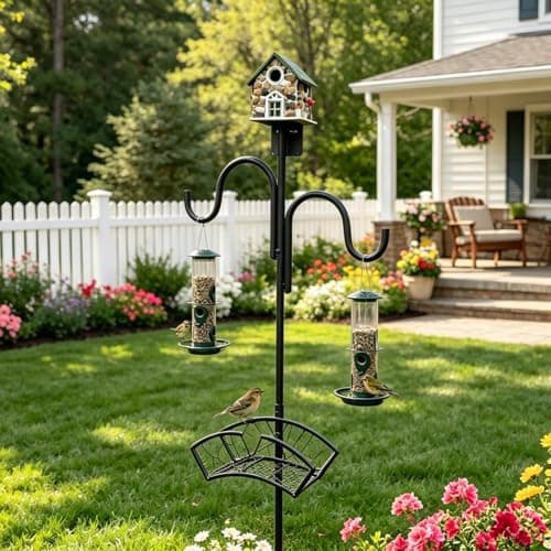 Upgraded Garden Hose Holder, Freestanding Water Hose Holder, Double Shepherds Hooks for Outdoor, Adjustable Hose Stand with 5 Spikes Heavy Duty Metal Bird Feeder Pole for Outside Yard Lawn - Image 1
