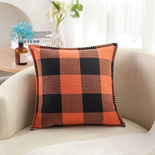 decorUhome Summer Buffalo Plaid Check Throw Pillow Covers 16x16 Set of 2 Outdoor Linen Decorative Farmhouse Gingham Pillow Covers with Stitched Edge for Bed Couch Sofa, Orange and Black - Thumbnail 6