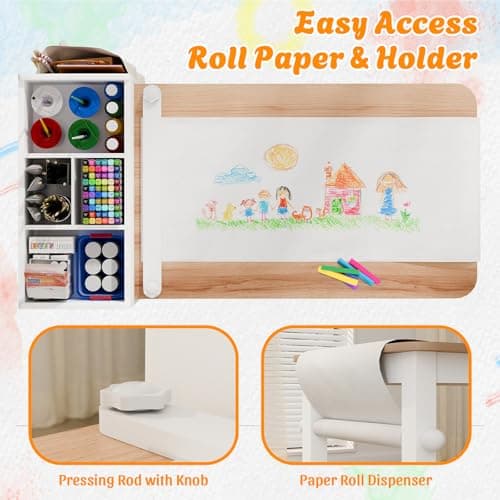 IKALIFE Kids Art Table and Chair - Toddler Craft Table and Chairs Set with 2 Chair & Bins, Large Storage Kids Activity Desk with Paper Roll for Playrooms & Classroom, 40" L x 20" W, Natural - Thumbnail 5