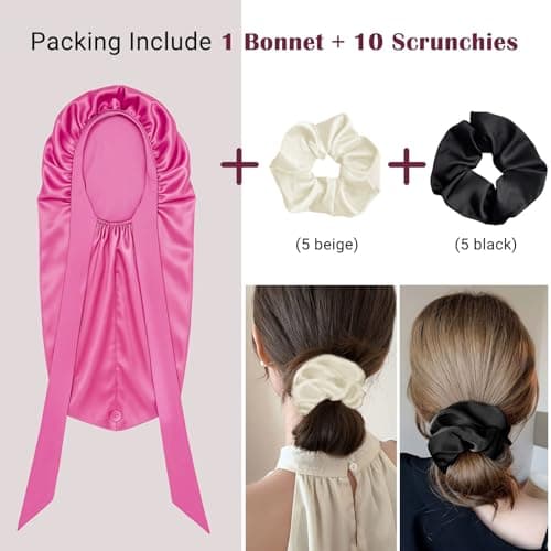 Women's Silky Bonnet - Long Tie Sleep Cap, Curly/Natural Hair, Adj. Night Hat, +10 Scrunchies, Mom/Wife - Thumbnail 4