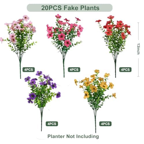 trytuny Artificial Flowers for Outdoor, UV Resistant Fake Silk Flowers, Realistic Faux Plants for Outside Indoor Porch Patio Window Box Planter Home Decor (20, Yellow Purple Rosy Pink Red) - Thumbnail 3