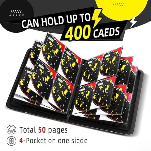 Trading Card Binder 4 Pocket,400 Pocket Card Collection Binder with 50 Removable Sleeves,PU Waterproof Top Card Book,3-Ring Zipper Collectible Trading Card Album for MTG/TCG/Card Holder Gift(Black) - Thumbnail 5