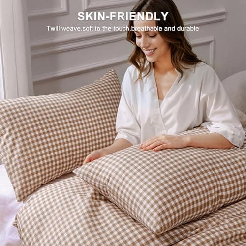 Yuncojin Gingham Duvet Cover Set Queen Size 3 Pieces Plaid Grid Duvet Cover,100% Cotton Plaid Comforter Cover,Farmhouse Checkered Gingham Bedding - Thumbnail 4