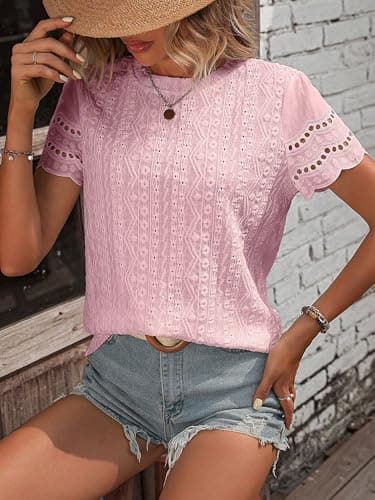 RICHSTORY Summer Tops for Women 2026 Casual Crewneck Short Sleeve Shirts Cute Ladies Top Comfy Spring Dressy Blouses Women's Clothing Pink XX-Large - Thumbnail 5