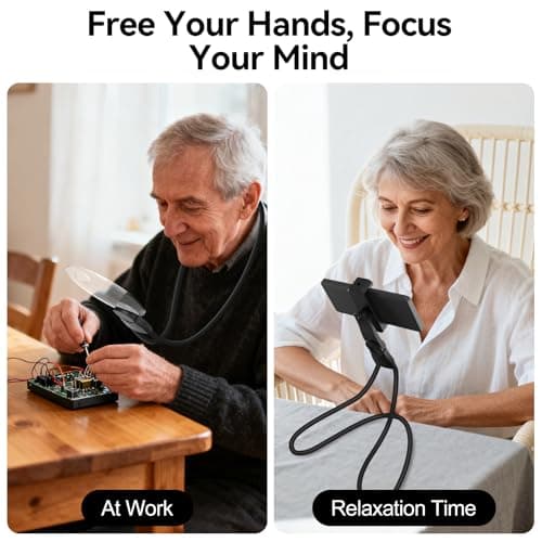 2 in 1 Hands Free Magnifying Glass, Desktop Cell Phone Stand, 10X 20X Magnifying Glass for Reading, Flexible Lazy Bracket DIY Free Rotating on Table, for Sewing, Cross-Stitching - Thumbnail 2