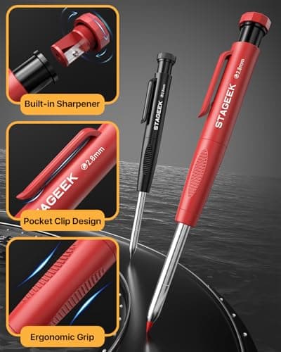 STAGEEK 3PCS Carpenter Pencils with Sharpener, Heavy Duty Woodworking Tools, Mechanical Pencil Set with 39 Refills, Deep Hole Long Nib Marker Pens for Architect Marking with Case (Red, Black, Yellow) - Thumbnail 6