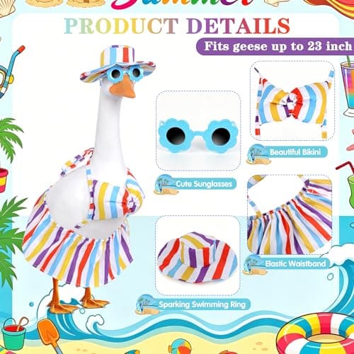yuboo Bikini Porch Goose Outfits, Rainbow Summer Goose Clothes with Sunglasses and Sun Hat for 23" Cement Lawn Geese Pride Party Decorations, Outdoor Garden Patio Yard Statue Decor - Thumbnail 3