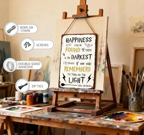 Annekilly Happiness Can Be Found Even In The Darkest Metal Signs, Vintage Magic Sign for Movie Wizard Theme Lovers Office Decor Motivational Room Wall Decor 12x8 Inch - Thumbnail 5